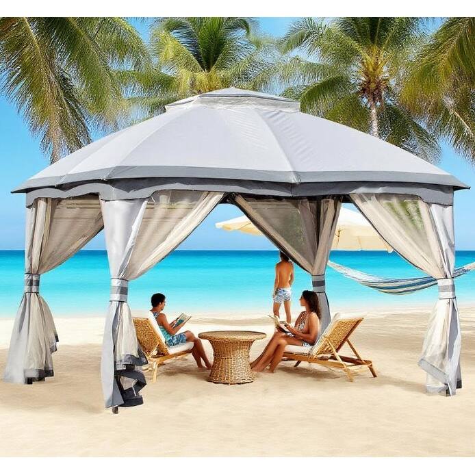 10x12 Outdoor Gazebo Canopy with Mesh Walls, Double-Tier Roof & Steel Frame for Patio, Backyard or Garden