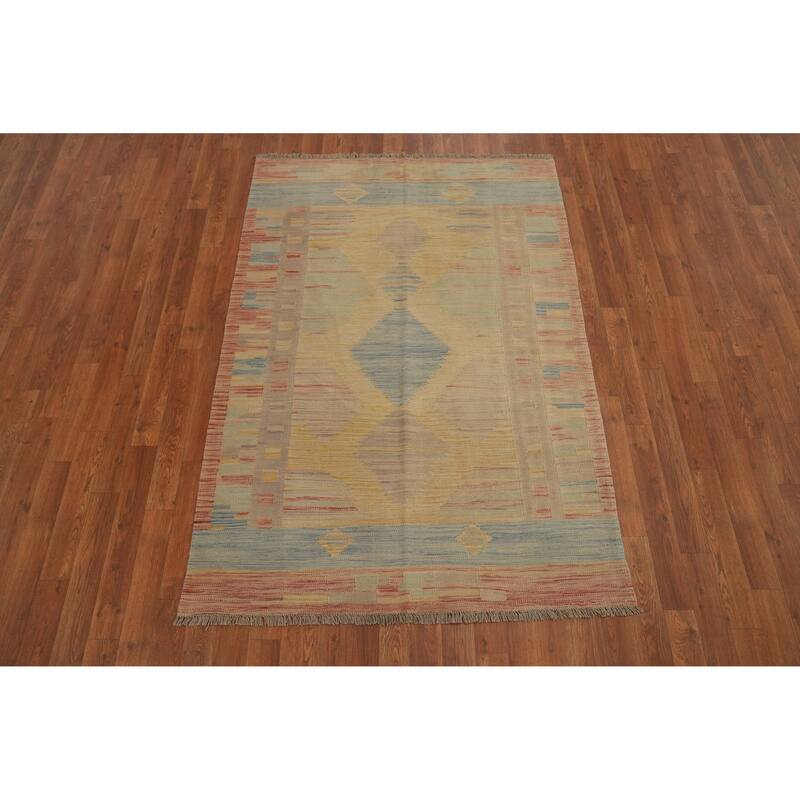 Hand Woven Oriental 100% Wool Carpet Southwestern Tribal Yellow & Gold Kilim Area Rug - 5' 9'' X 3' 11''