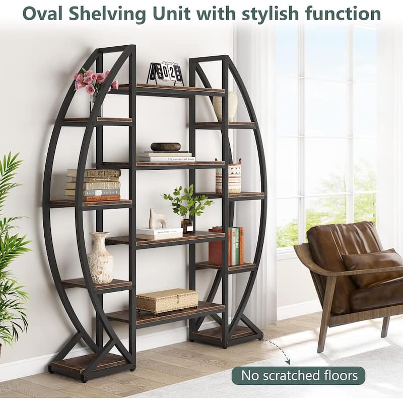 Industrial Bookshelf, Oval Triple Wide 5 Tiers Etagere Bookcase - 11.81"D x 55.11"W x 69.68"H