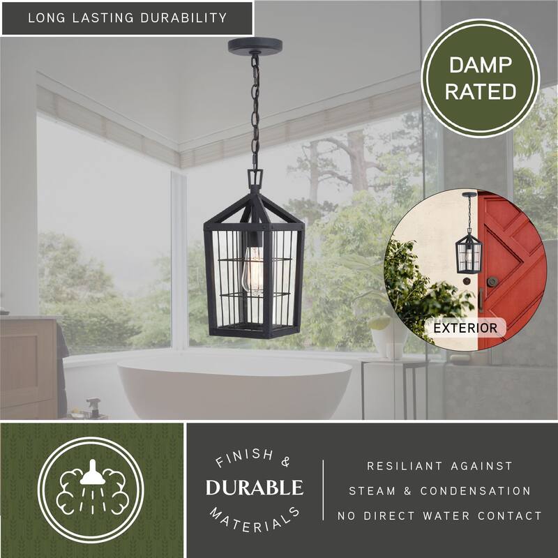 Gage 7-in Black Outdoor Farmhouse Wire Cage Pendant, 1-Light Hanging Ceiling Light with Clear Glass Panels