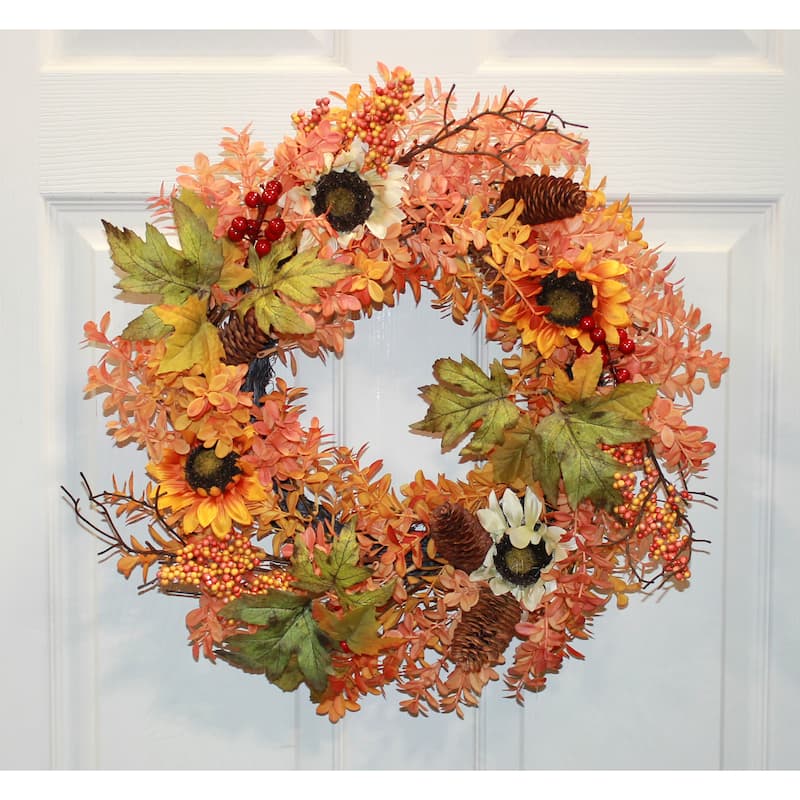 21" Artificial Fall Berries Sunflower Grass and Leaves Wreath on Natural Twig Base - 21