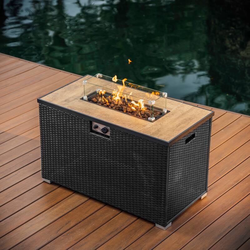 Empyrean Outdoor 43" Wicker Fire Pit Table with Glass Shield