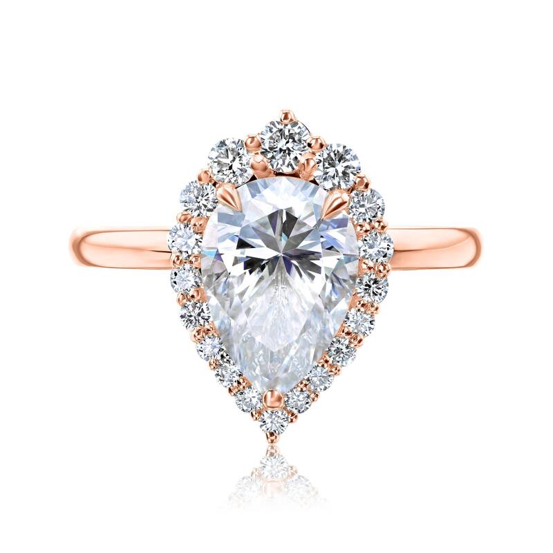 Kobelli August Collection 2.4 Carat Moissanite & Lab Grown Diamond 14k Solid Gold Pear Rococo Halo Plain Band Phoebe Ring - 5.5 - Rose