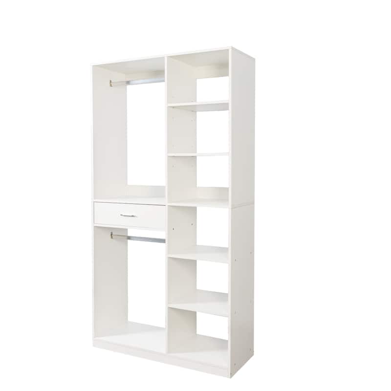 Freestanding Closet, Stand-Alone Wardrobe with 6 Open Shelves, Drawers, White Wood Walk-in Closet with 2 Hanging Rod