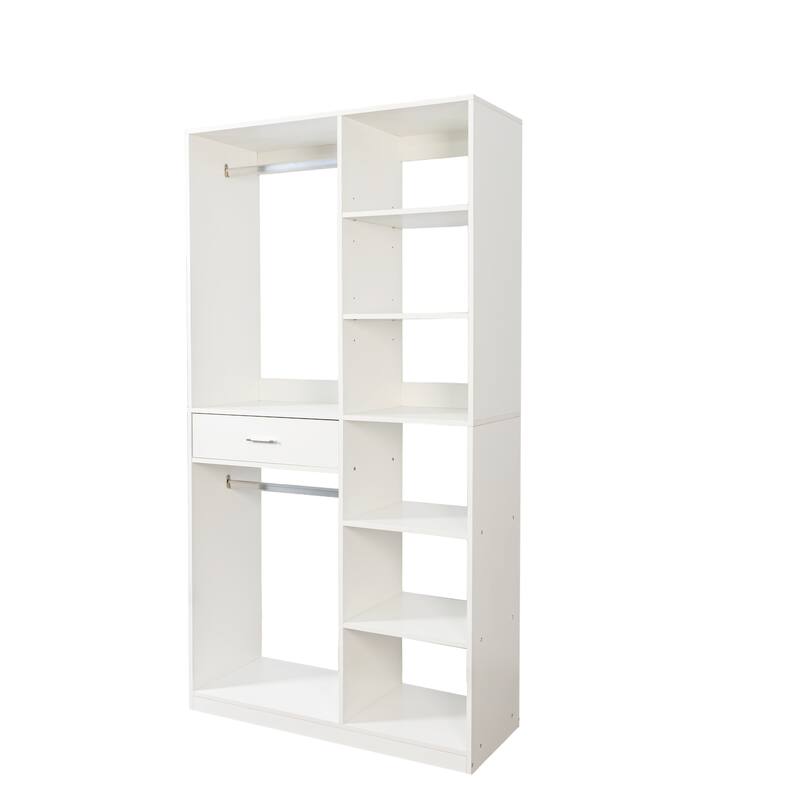 Open Wooden Wardrobe Closet with 2 Hanging Rod, 6 Shelves & Drawer, Freestanding Armoires for Cloakroom Bedroom
