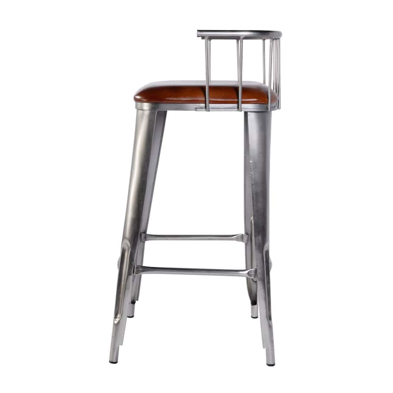 Coriander 31 in. Seat Height Leather & Iron Bar Height Stool with Back and Footrest