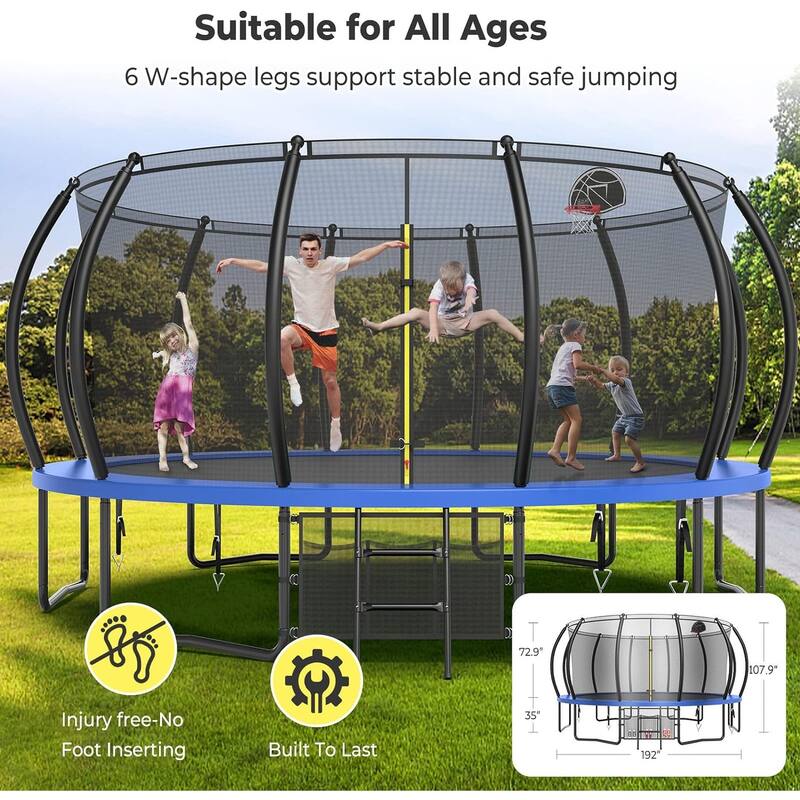 12ft/14ft/15ft/16ft Trampoline for Kids and Adults, Outdoor Trampolines with Curved Poles, Pumpkin Shaped