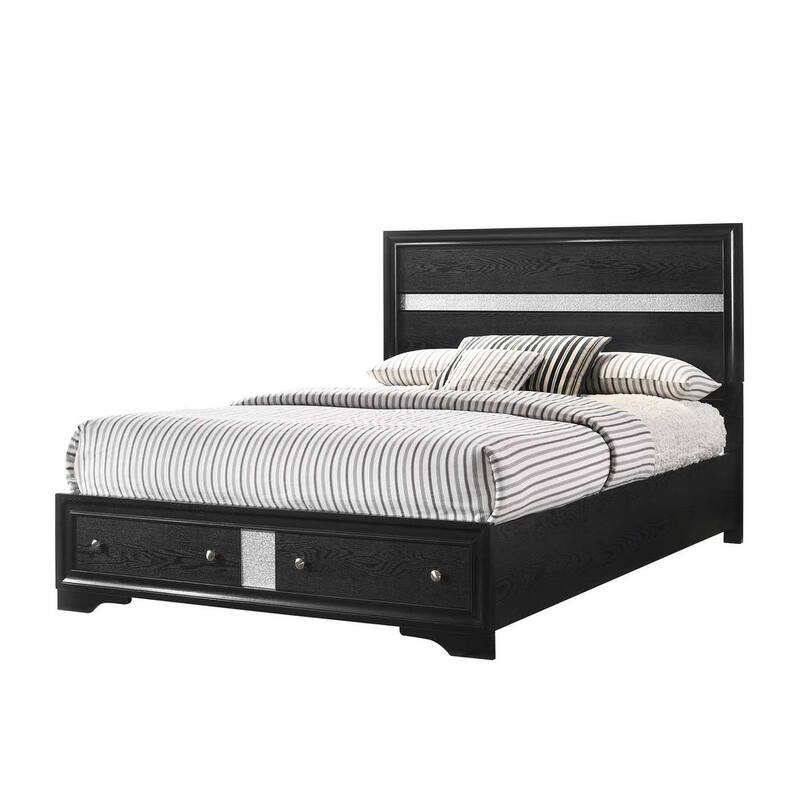 Queen Platform Bed with Storage Drawers, Black Silver Finish, Solid Wood Design