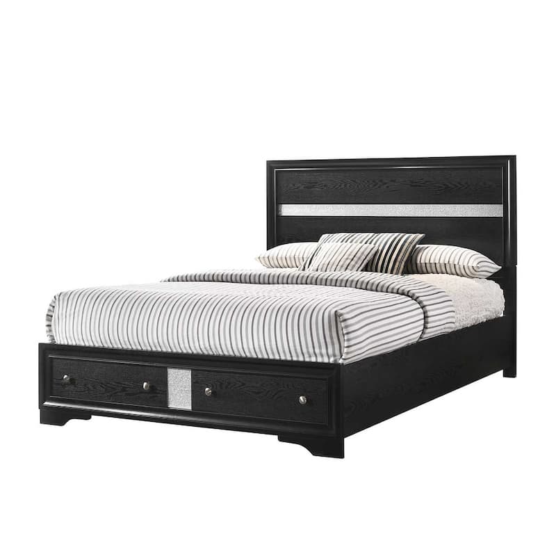 Queen Size Wood Platform Bed with Storage Drawers and Shimmering Silver Accents