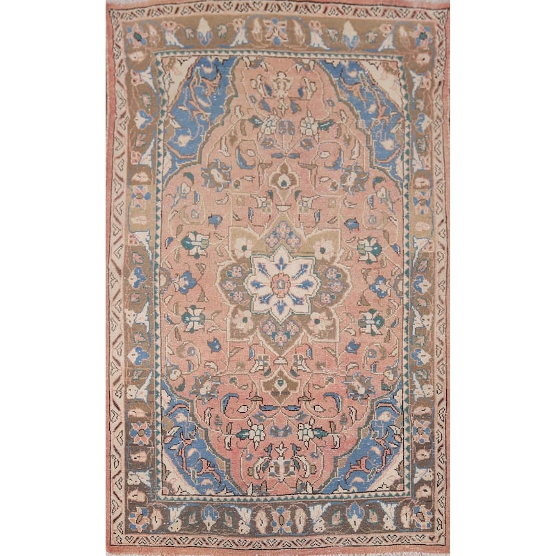 Floral Pink Sarouk Persian Accent Rug Hand-Knotted Wool Carpet - 3'7" x 6'1"