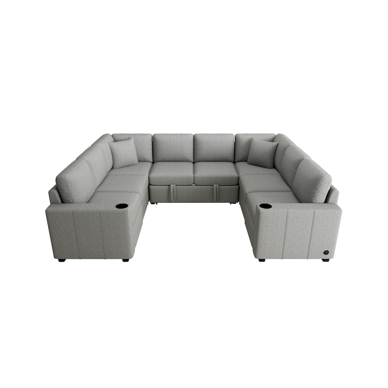 107.1" Convertible Pull Out Sofa Bed, Chenille Fabric U Shaped Sectional Sleeper Sofa Couch with USB Charging and Cup Holders - Gray