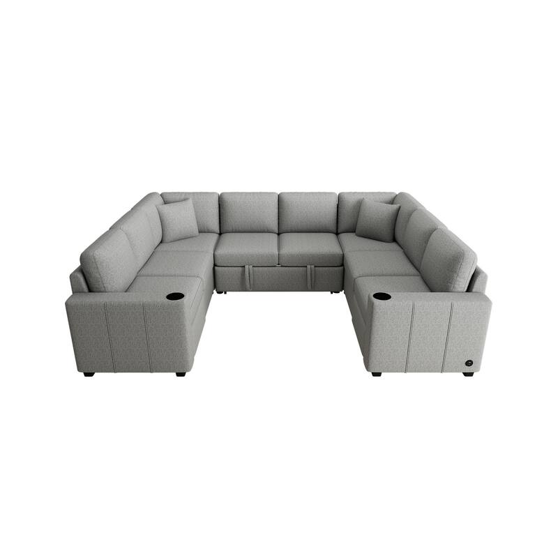 107.1" Convertible Sofa Bed, Gray, Chenille for Living Room with USB, Cup Holders & Pillows