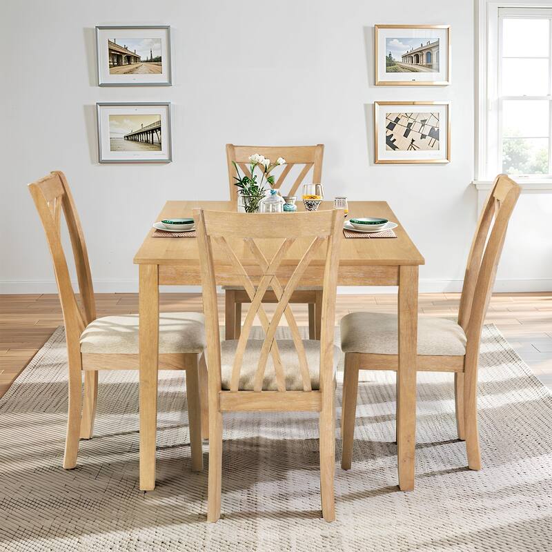 Wood Dining Table Set Kitchen Table Set with 4 Cross Backrest Chairs, Anti-Slip Footpads, Scratch-resistant - Burly Wood