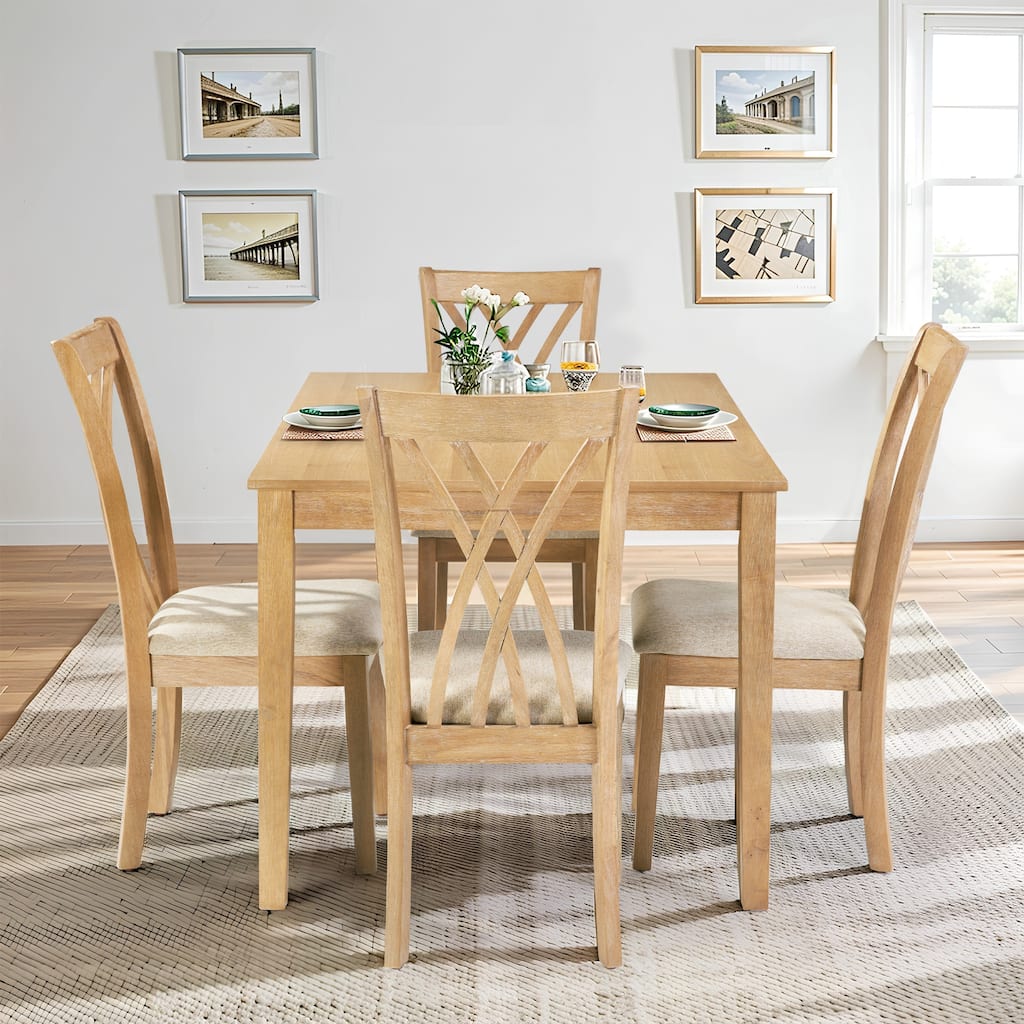 Wood Dining Table Set Kitchen Table Set with 4 Cross Backrest Chairs, Anti-Slip Footpads, Scratch-resistant