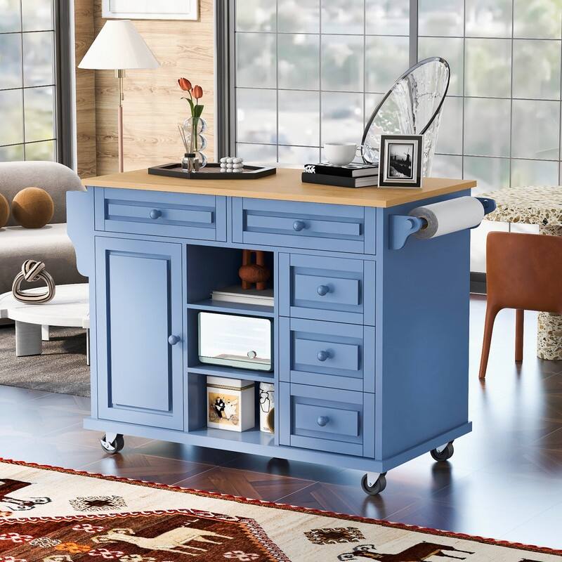 Rubber Wood Desktop Rolling Mobile Kitchen Island with 5 Drawers - Blue