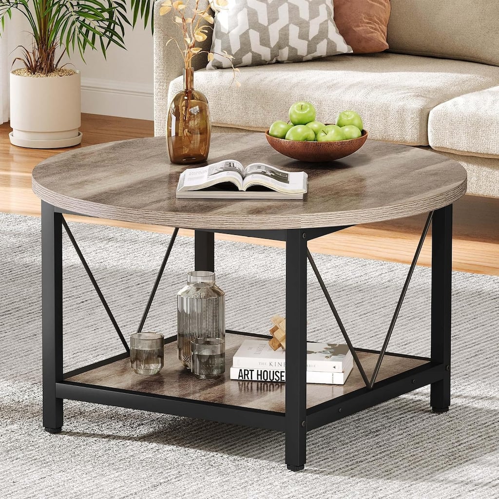 Moasis 31.5" Farmhouse Round Coffee Table, Rustic 2-Tier Center Table with Storage Open Shelf