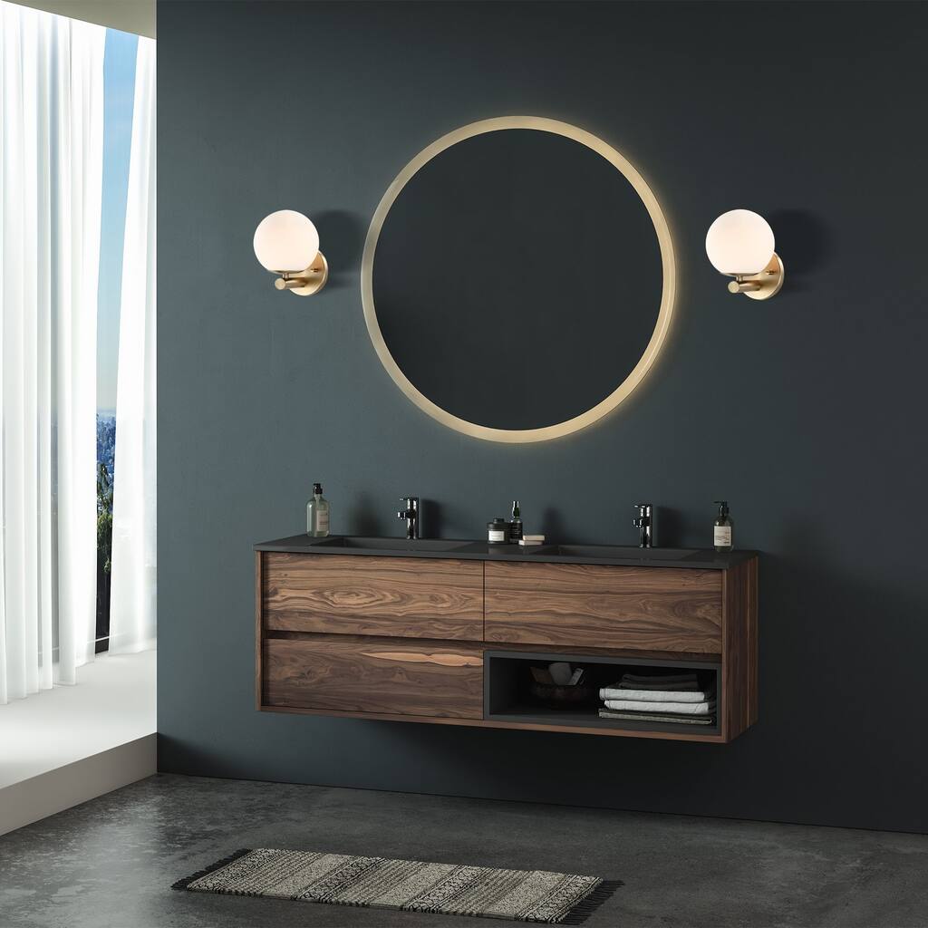 Crown Heights 8 in. 1-Light Brushed Gold Wall Sconce with White Art Glass Shade