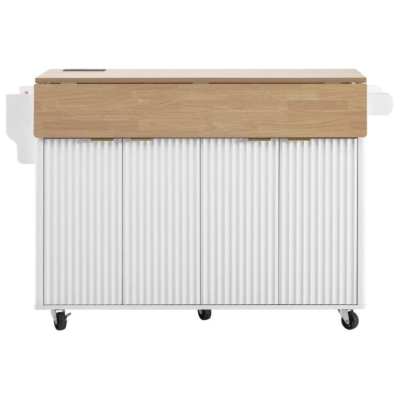 Modern 55.5" Fluted Kitchen Island with Drop Leaf, Kitchen Storage Cart on 5 Wheels with Power Outlet, Spice rack,Curved Edge