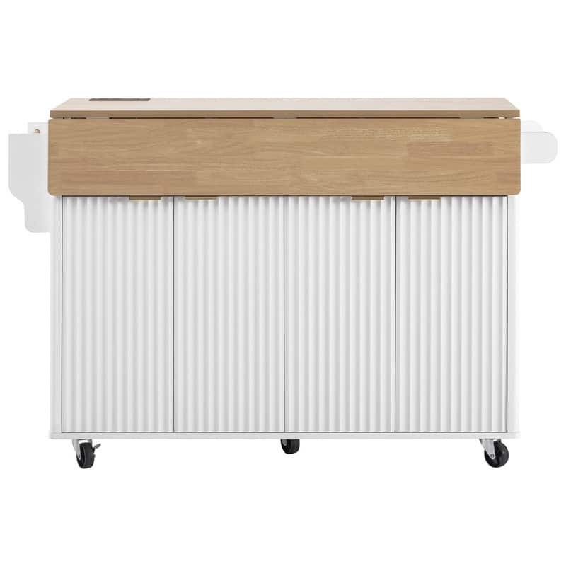 Modern 55.5" Fluted Kitchen Island with Drop Leaf, Kitchen Storage Cart on 5 Wheels with Power Outlet, Spice rack,Curved Edge