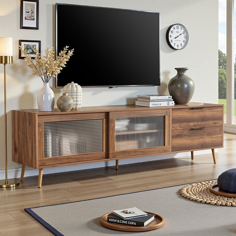Modern TV Stand for TVs Up to 75", Media Console with Glass Doors, Drawers & Storage Cabinet - Wood