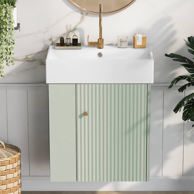 21.6" White Bathroom Vanity with Soft-Close Door and Side Storage, Floating Design with Ceramic Sink for Small Bathrooms