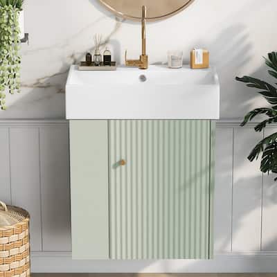 Green Floating Bathroom Vanity Cabinet with Ceramic Basin & Side Storage - 21.6 Inch