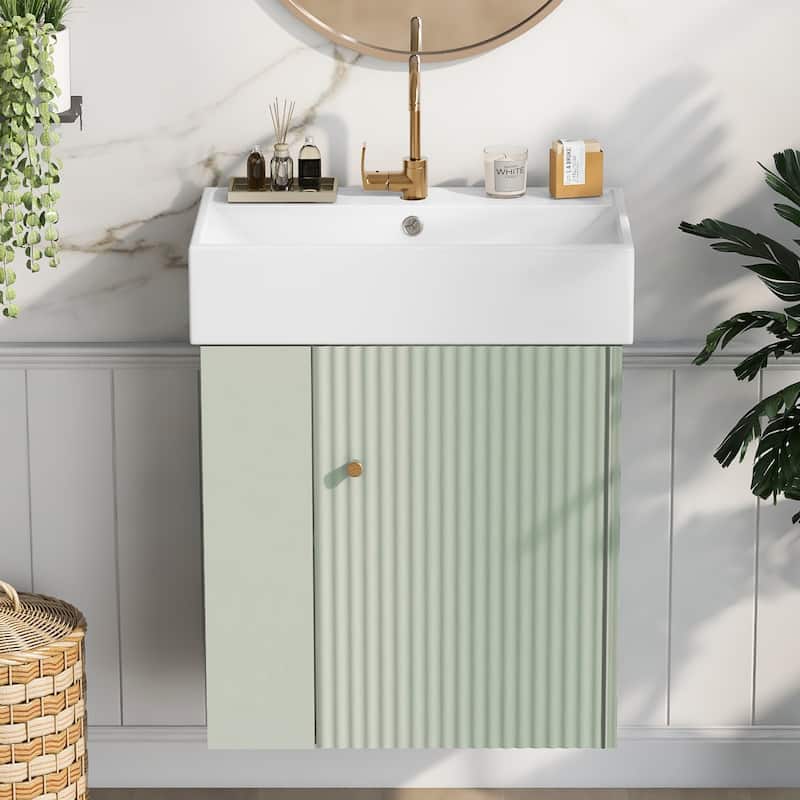Roomfitters 21.6 Inch Modern Floating Bathroom Vanity with Ceramic Basin, Left Side Storage Cabinet & Open Shelves