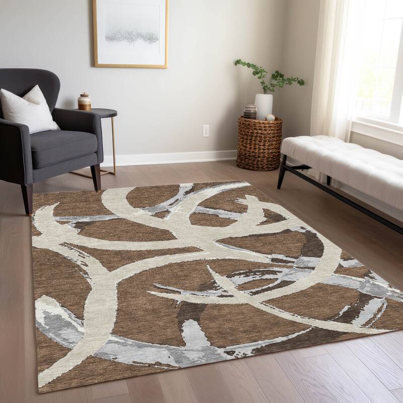 Machine Washable Indoor/ Outdoor Abstract Contemporary Chantille Rug