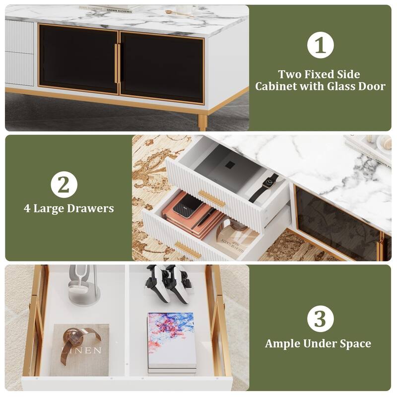 Minimalist Coffee Table with Faux Marble Surface, Glass Storage Doors
