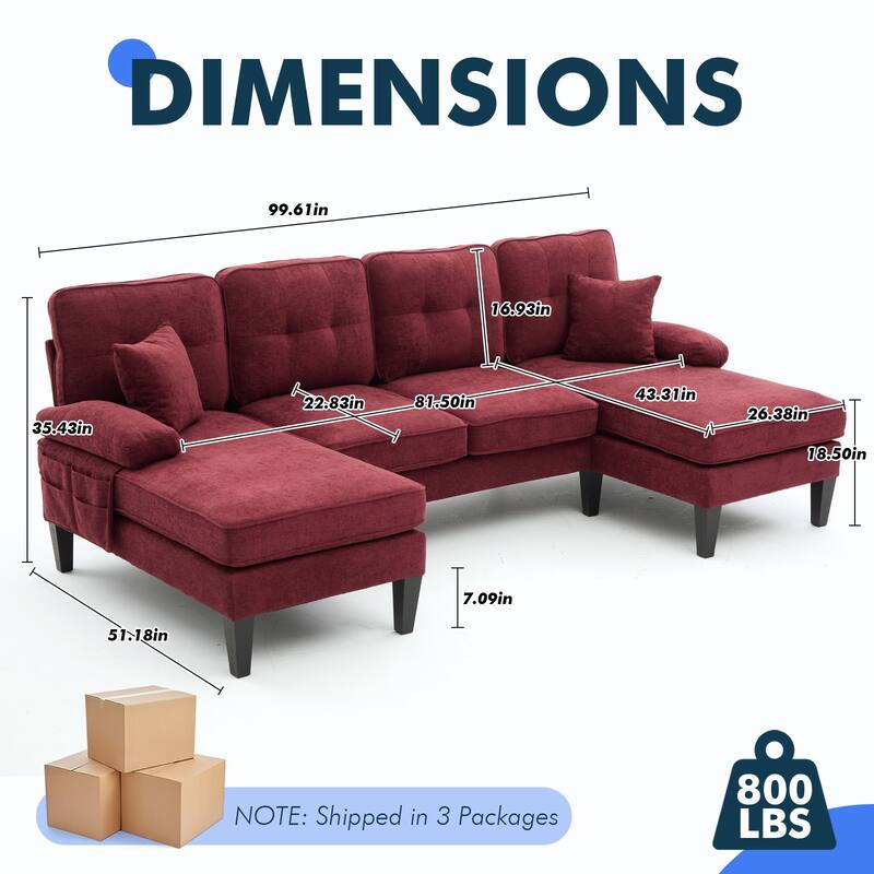 HOMEFUN Linen Upholstered U-Shaped 4-seater Tufted Wood Frame Sectional Sofa with Side Pocket