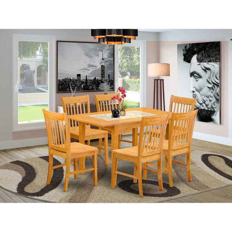 HomeStock 7-Piece Rectangle Natural Oak Finish Solid Wood Top Dining Table with 6 Chairs with Slat Back
