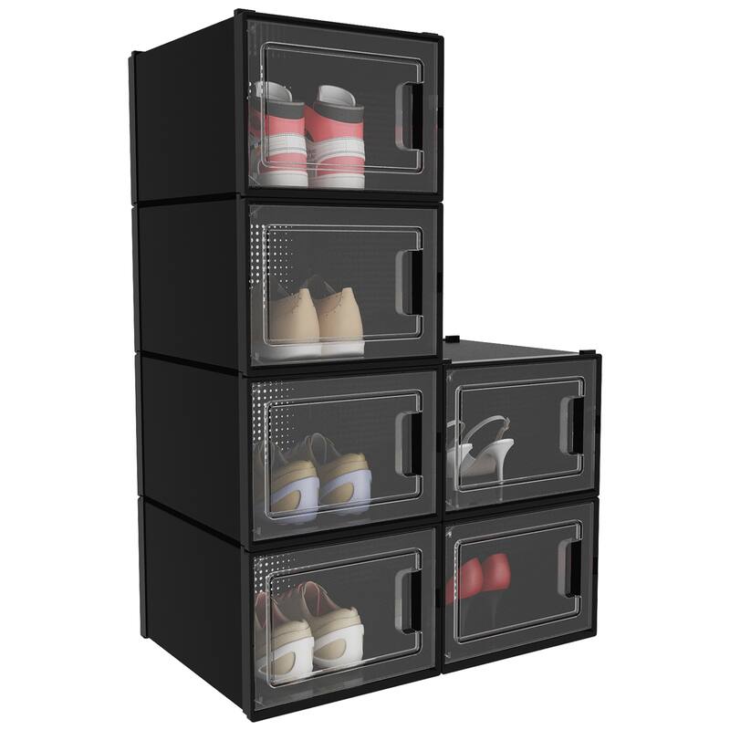 6/12/18 Pack Shoe Storage Box Plastic Stackable Shoe Organizer for Closet Foldable Sneaker Containers Bins Holders Racks