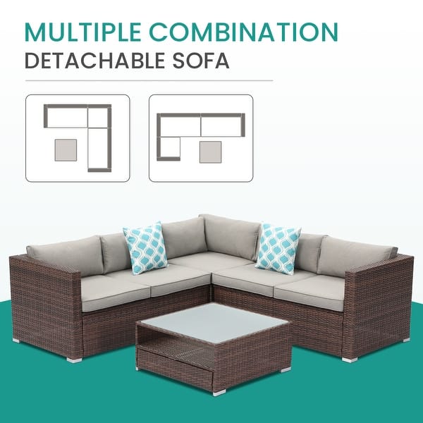 4-Piece Outdoor Patio Sectional Set L-Shaped | Wicker Couch With Cushions & Glass Coffee Table, Waterproof Beige