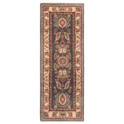 ECARPETGALLERY Hand-knotted Uzbek Ghazni Dark Grey Wool Rug - 2'2 x 5'9