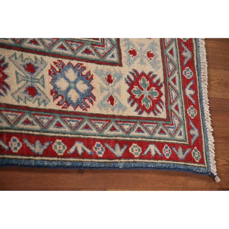 Geometric Kazak Area Rug Hand-Knotted Blue Wool Carpet - 6'7" x 9'8"