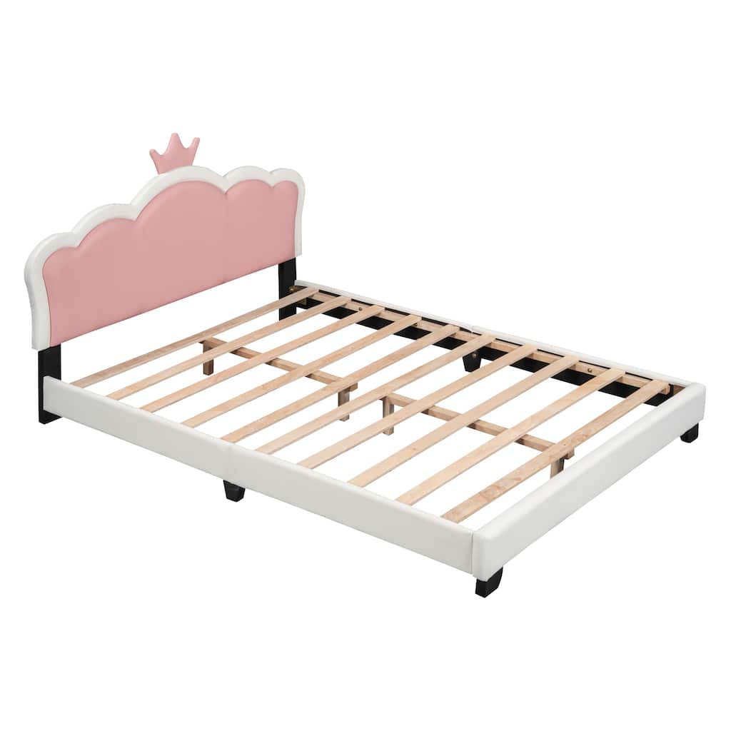 Full Size Upholstered Platform Bed with Crown Headboard and Footboard, PU Leather Princess Bed for Girls