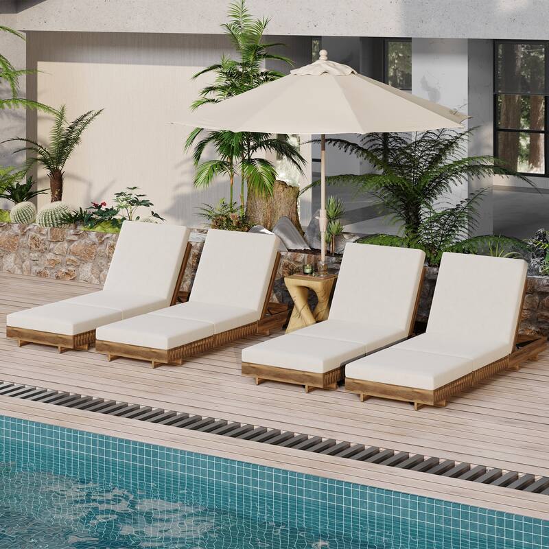 Christopher Knight Home- Lingard Outdoor Acacia Wood Chaise Lounge Set - Teak+Cream+4 Piece