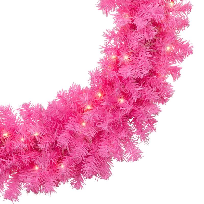 Pre-Lit Artificial Pine Christmas Wreath - 36" - Pink - Clear Lights