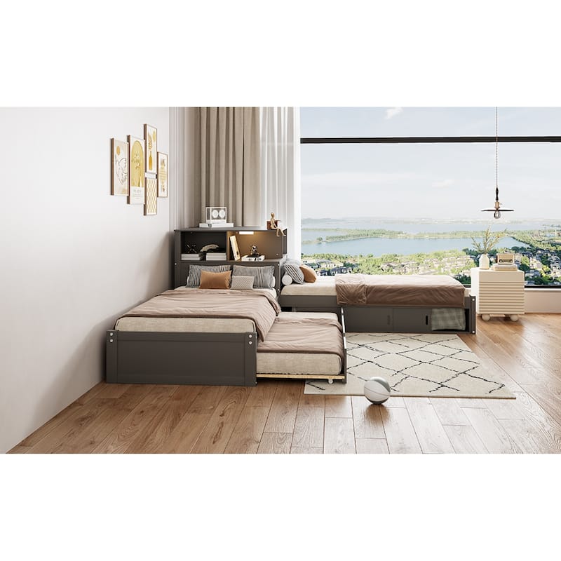 Roomfitters Twin L-Shaped Platform Bed with Trundle, Storage Cabinets and LED Desk