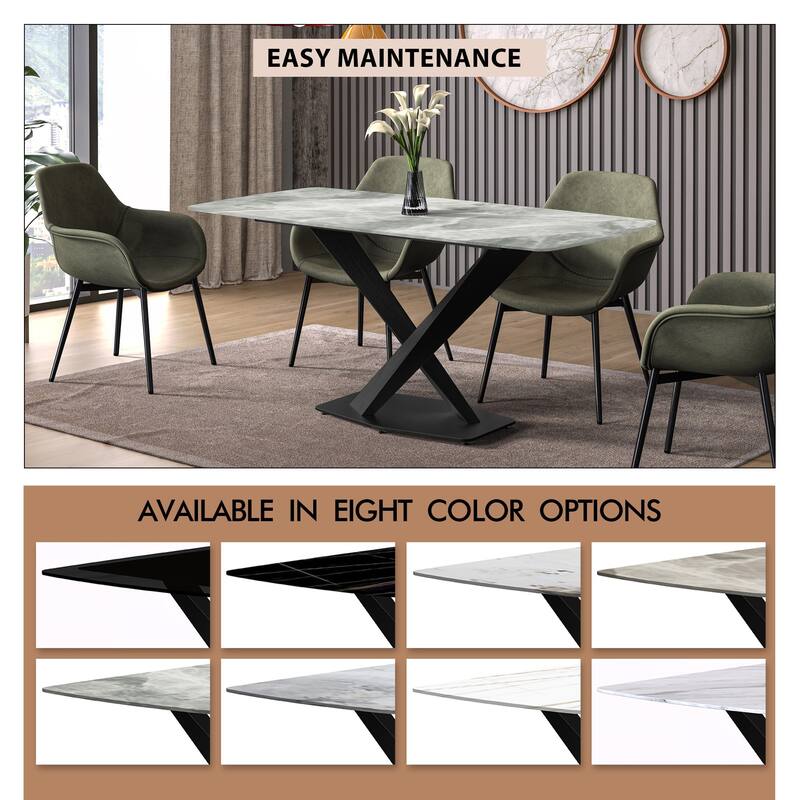 Voren Dining Table with Stone or Glass Tabletop in Black Steel Base