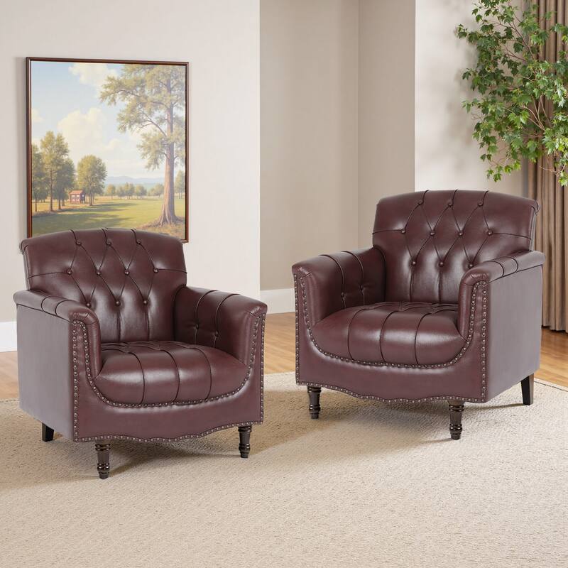 Modern Faux Leather Accent Chairs Set Of 2, Upholstered Armchair For Living Room - Dark Red