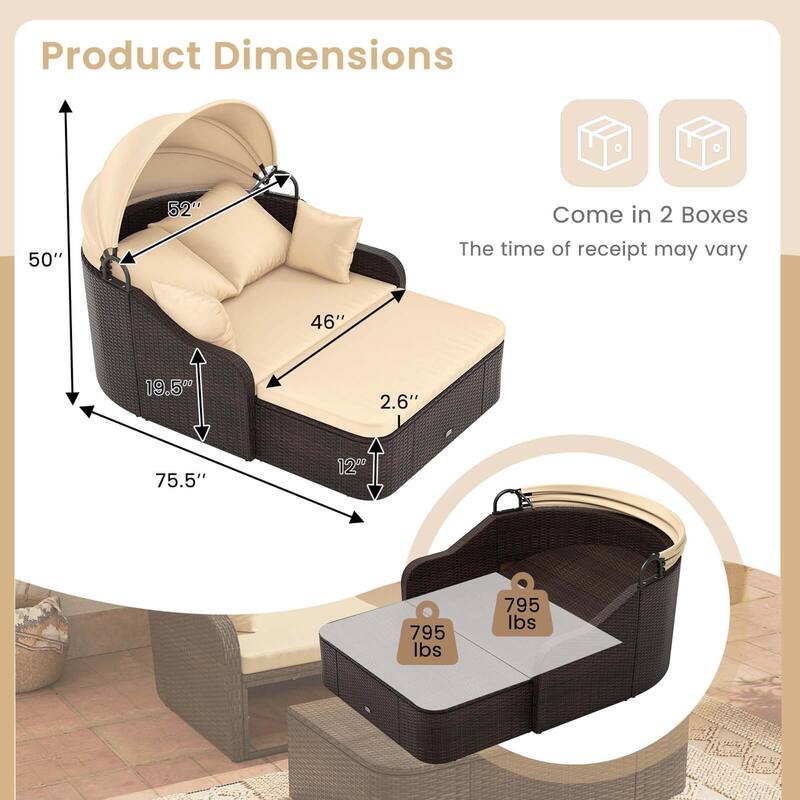 Costway Patio PE Rattan Daybed with Retractable Canopy Soft Cushions - See Details