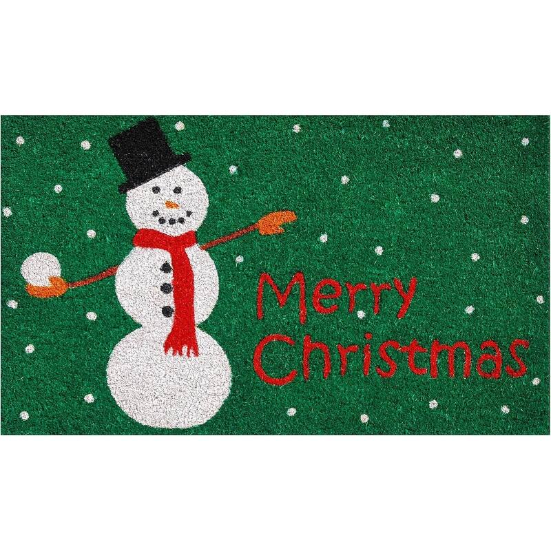 HomeRoots 17" X 29" Green White And Red Christmas Snowman Merry Christmas Outdoor Coir Door Mat - 17.00' X '29.00