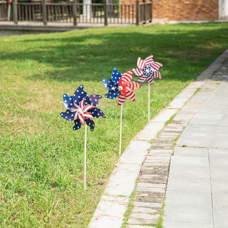Glitzhome 32"H Set of 3 Plastic Stars&Stripes Patriotic Americana Windmills