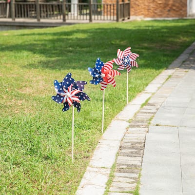 Glitzhome 32"H Set of 3 Plastic Stars&Stripes Patriotic Americana Windmills