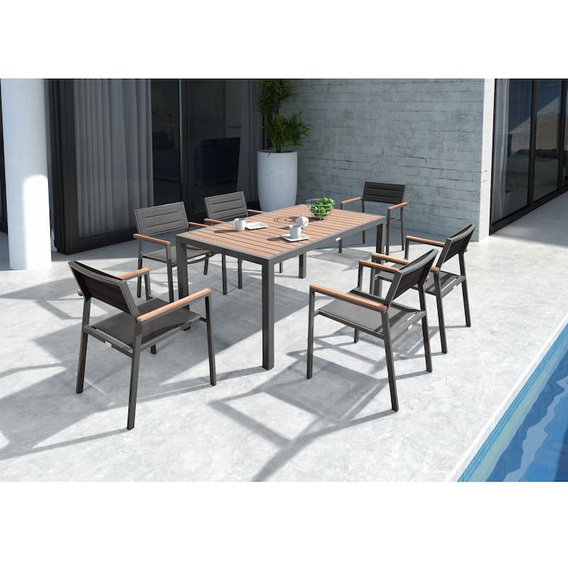 HIGOLD 6478 Auto Outdoor Dining Table, Aluminum Frame, Brown Plastic wood, Black