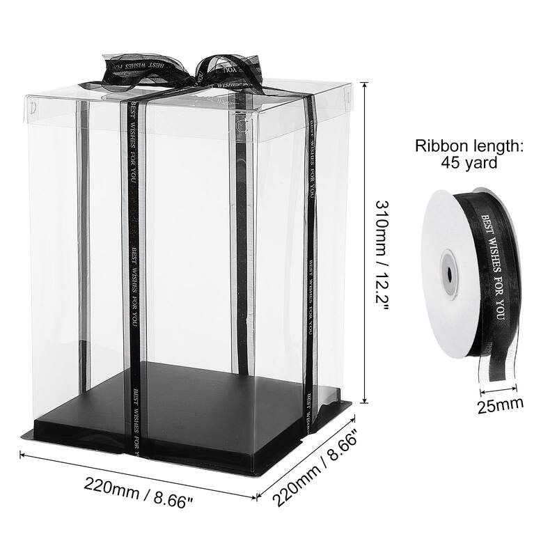 Clear Cake Box with Ribbon, 6Pcs 7"x7"x5" for 4 Inch Cake Packing - Black - 9"x9"x12"