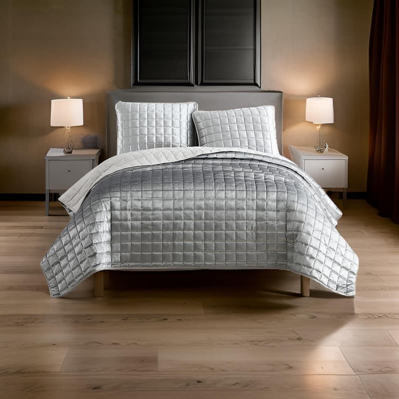 3 Piece King Size Coverlet Set with Stitched Square Pattern, Silver