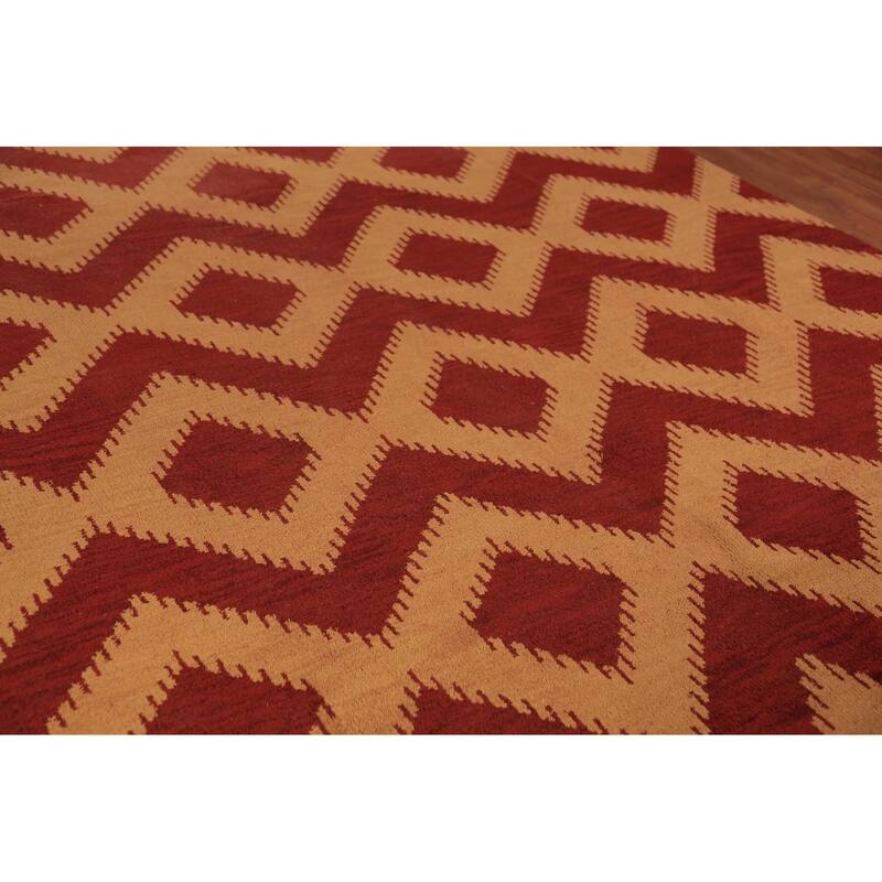 Hand Knotted Oriental 100% Wool Carpet Modern Geometric Red Moroccan Area Rug - 11' 7'' X 8' 10''