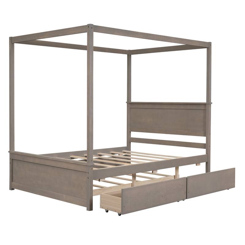 Pine Wood Canopy Platform Bed with Trundle & Drawers